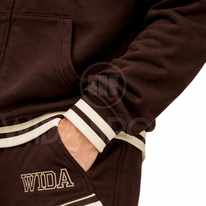 ชุดเซ็ตฮู้ดดี้แทรคสูทผ้าฝ้ายแท้ 100% สีน้ำตาลแบบซิป สไตล์สตรีทแวร์และแอธลีเชอร์ สำหรับผู้ชายและผู้หญิง  ลดราคาพิเศษ รับผลิตตามแบบ OEM - Product Image 5