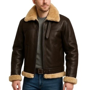 Men's Genuine Leather <b>Bomber</b> <b>Jacket</b> With Faux Fur Lining Zipper Closure Windproof Winter Wear - Product Image 4