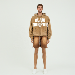 High Quality Acid <b>Wash</b> Two Piece Tracksuit for Men Embroider Streetwear Zip-up Hoodie & Short Stylish Raw Hem Distress Tracksuit - Product Image 3