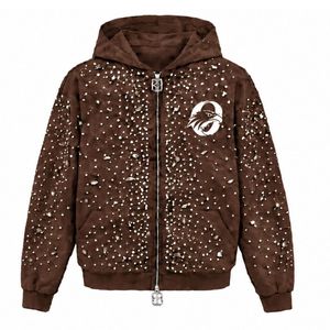 Chocolate Brown Pearl Full <b>Zip</b> <b>Hoodie</b> Crystal Studded Streetwear Jacket Long Sleeve Hooded Sweatshirt With Front <b>Pockets</b> - Product Image 1