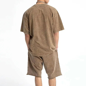 Conjunto de Camiseta y Pantalones Cortos de Algodón Transpirable para Hombre, Color Sólido, Cuello Redondo, Estilo Urbano, Tejido Liso Teñido, para Verano - Product Image 3
