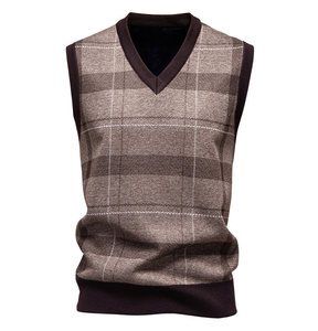 Chaleco de punto sin mangas a cuadros para hombre, suéter con cuello en V para otoño, ropa de negocios, chaleco de punto de poliéster con forro polar para hombre - Product Image 2