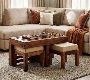 Juego de mesas de centro apilables de madera maciza |   Muebles Modernos Contemporáneos con 2 Taburetes Tapizados |   Muebles para Sala de Estar que Ahorran Espacio - Product Image 1