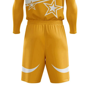 Ensemble d'uniformes de basketball personnalisés pour hommes, blanc et or, maillot sans manches col en V, short imprimé étoiles, taille élastique, vente en gros, vêtements de sport pour équipes - Product Image 2