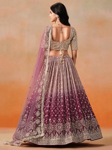 Purple Embroidered Organza Floor-Length A-Line <b>Lehenga</b> with Crop Top and Dupatta Quick Dry for Bridesmaid Wear - Product Image 4