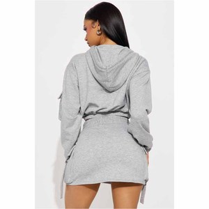 <b>Women</b> 2 Piece <b>Set</b> Cropped Hoodie With Cargo Pockets And Matching Skirt Gray Casual Loose Fit All Seasons Sweatshirt Outfit - Product Image 2