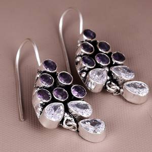 Pendientes Colgantes Étnicos Tribales Bohemios con Flores de Plata Oxidada |   Pendientes Colgantes con Cristales de Amatista |   Bohemio Vintage Indio - Product Image 2