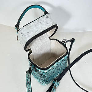 2026 New Arrival Turquoise Floral Tooled Leather Makeup Organizer Luxury Hairon Leather Top Handle Crossbody Travel Cosmetic Bag - Product Image 6