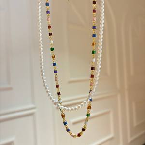 Collier de luxe double couche arc-en-ciel, design de niche, perles dopamine, perle d'eau douce, chaîne de clavicule, superposé tendance - Product Image 1