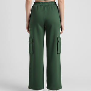 Pantalon cargo taille haute pour femme, coupe ample, longueur intégrale, taille élastique, couleur unie verte, en tissu éponge tricoté, prix abordable - Product Image 5