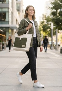 Sac fourre-tout en toile de jute vert olive avec poche avant, écologique, grande capacité, fermeture éclair, double sangle en coton renforcée, pour le shopping - Product Image 2