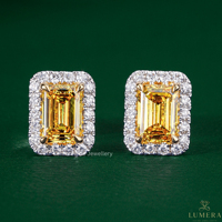 Boucles d'oreilles clous fantaisie en or avec diamant jaune taille émeraude cultivé en laboratoire, serti en grappe avec halo, bijoux d'occasion pour cérémonie de remise des diplômes