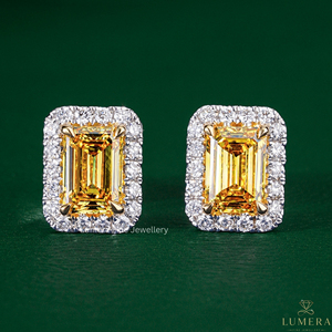 Fancy Yellow Emerald Cut Lab Grown Diamond Halo Stud <b>Earrings</b> Cluster Setting Gold Diamond Graduation <b>Earrings</b> Antique Jewelry - Product Image 1