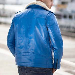 Veste en cuir bleue personnalisée avec logo pour hommes, fermeture éclair, streetwear, haute qualité, respirante, pour l'hiver. - Product Image 3