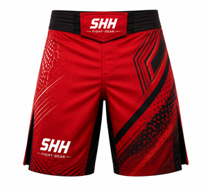 Shorts de combat MMA personnalisés pour hommes, rouge et noir, imprimé à rayures géométriques, ceinture réglable en velcro, fentes latérales, entraînement de grappling BJJ - Product Image 1