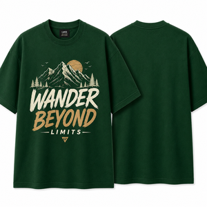 เสื้อยืดแขนสั้นสีเขียวเข้มสำหรับผู้ชาย Wander Limits คอกลม ทรงปกติ ผ้าฝ้าย 100% เป็นมิตรกับสิ่งแวดล้อม ลายพิมพ์ตัวอักษรด้านหน้า - Product Image 1