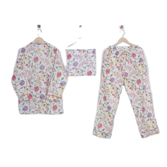 Hoa Cotton Pj Set Set Quần Và Áo Sơ Mi Với Túi Khu Nghỉ Mát Mặc Bộ Đồ Ngủ, Đêm Ăn Mặc Phù Hợp Với, Ấn Độ Tinh Khiết Cotton Pyjama