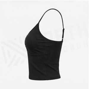 Débardeur à bretelles spaghetti col en V froncé noir uni anti-transpiration pour le yoga – Vêtements de sport pour femme - Product Image 3