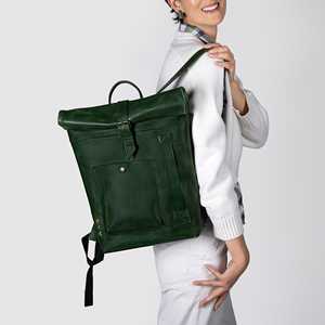 Symmetrical Design Leather <b>Roll</b> Top <b>Backpack</b> Clean Cut Rucksack For Minimalist Lovers Real Leather Bag LRTB-0187 - Product Image 4