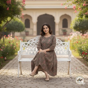 Floral A LINE Cotton Floor Length Dress O Neck <b>Three</b> Quarter Puff Sleeves Women's Daily Wear Embroidery Summer Outfit - Product Image 6