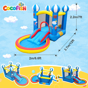 Château gonflable pour enfants sur le thème de la montgolfière Cocofish, en tissu Oxford, avec toboggan, fosse à balles ronde, équipement de jeu pour fête d'enfants - Product Image 2
