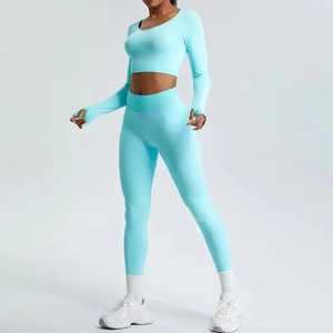 Custom Yoga Set Long Sleeve Scoop Neck Crop Top with Thumbholes & High Waisted Scrunch Booty <b>Leggings</b> Gym Activewear - Product Image 6