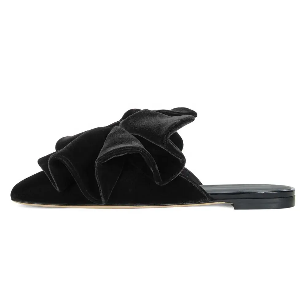Black Velvet Strapless Mules With Bow 2023 Women Mule Flats Big Sizes Ladies Half Shoes
