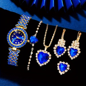 192036 Elegante Conjunto de Reloj de Cuarzo y Joyería para Mujer con Pedrería Azul - Detalles en Dorado - Product Image 1