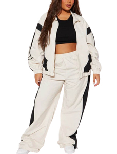 Conjunto Deportivo para Mujer, Tallas Grandes, Blanco y Negro con Bloques de Color, Manga Larga, Cuello Camisero, Cierre con Cordón, Corte Holgado, Ropa Casual - Product Image 1