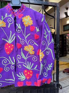 Boho Chic Purple Cotton <b>Embroidered</b> <b>Jacket</b> With Floral & Strawberry Pattern Full Sleeve Stand Collar Handmade <b>Women</b> Winter Coat - Product Image 4