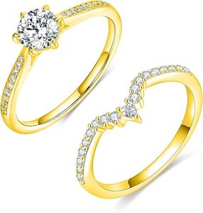 Yellow Gold Plated Moissanite Engagement <b>Ring</b> Round Brilliant Cut <b>Crown</b> Style Pave Setting Women's Classic Wedding Band - Product Image 3