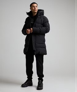 Men's <b>Long</b> <b>Hooded</b> <b>Puffer</b> <b>Jacket</b> Black Winter Windproof Zipper Closure Casual Thick Polyester Wadding Coat - Product Image 1