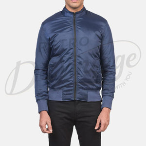 <b>Men</b> Navy Blue Satin Bomber <b>Jacket</b> Lightweight <b>Flight</b> <b>Jacket</b> with Ribbed Trim and Zippered Front Casual Outerwear - Product Image 3