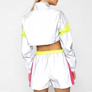 Conjunto de Chaqueta Corta y Pantalones Cortos Deportivos para Mujer, Diseño Color Block Reflectante, Ligero, Dos Piezas - Product Image 2