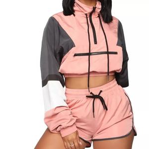 Chaqueta corta con cremallera frontal para mujer, pantalones cortos con cordón de cintura elástica, con bloqueo de Color, chándal de 2 piezas Se, 2022 - Product Image 1