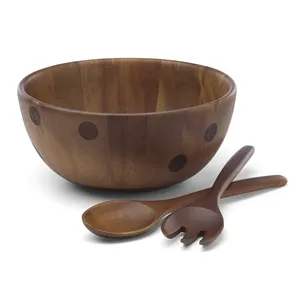 Tazón de Ensalada Ecológico de Madera de Acacia, Tazón Redondo con Diseño de Puntos para Servir Frutas, para el Hogar, Bodas y Fiestas - Product Image 1