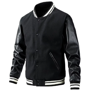Veste universitaire en cuir pour homme avec manches en cuir, boutons-pression, col rayé, style baseball, hiver - Product Image 1