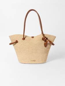 Discover ultimate summer grace with this stylish Natural yarn <b>bag</b> tailored with a sturdy <b>leather</b> handle and <b>soft</b> design - Product Image 3