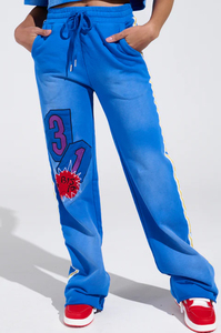 Women's Blue <b>Cropped</b> T-Shirt And Jogger Set With <b>Red</b> Star Print Loose Fit Streetwear 2-Piece Sportswear Spring Summer - Product Image 3