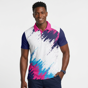 Polo à manches courtes pour homme avec imprimé abstrait, couleurs rose, bleu et blanc, coupe décontractée, en polyester tricoté à séchage rapide - Product Image 5