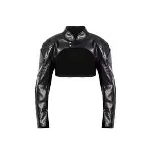 Men's <b>Black</b> PU Leather Moto Jacket Mandarin Collar Windproof Slim Fit Regular Length Solid Color Belt Closure - Product Image 2