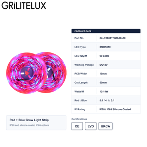 แถบไฟปลูกพืชแบบยืดหยุ่น 5050 DC12V 10 มม. PCB 60 LEDs/เมตร 450nm 660nm อัตราส่วน 4:1 IP65 ตัดได้ทุกๆ 50 มม. สำหรับปลูกพืชไร้ดิน - Product Image 2