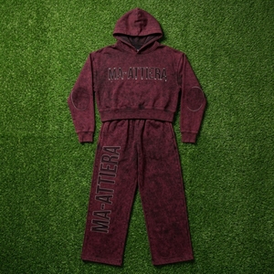 Custom Womens Acid Wash <b>Burgundy</b> Cropped Hoodie Wide Leg Sweatpants Set Cotton Fleece Streetwear Tracksuit OEM Wholesale - Product Image 5