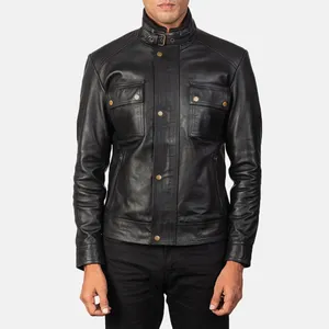 Chaqueta de Cuero para Hombre Darren Black, Estilo Motero, con Cierre de Cremallera, Hecha de Cuero Vacuno 100% Auténtico, para Otoño - Product Image 1