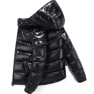 Hooded Puffer <b>Jacket</b> Black Windproof <b>Winter</b> Coat Unisex Casual Short Zipper Closure Polyester Wadding Thick Warm Outerwear - Product Image 2