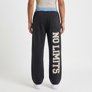 Pantalon de survêtement homme en molleton 100% polyester, coupe droite, taille mi-haute avec cordon de serrage, style streetwear, effet vieilli avec broderies, hiver - Product Image 2