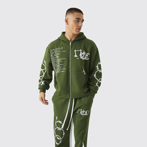 Conjunto Deportivo con Capucha para Hombre, Color Verde Oliva, Manga Larga, Cierre Frontal con Cremallera, Estampado, Pantalones Deportivos con Bolsillos Laterales, Ropa de Otoño para Hombre - Product Image 3