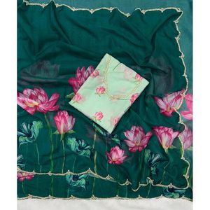CRÉATEUR ORGANZA PERLES FLORALES IMPRIMÉ À LA MAIN TRAVAIL SAREE AVEC CHEMISIER NON COUDU VERT - Product Image 1