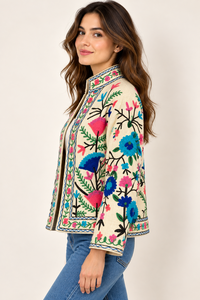 Boutique Quality Floral Cotton Bomber <b>Jacket</b> Side Pocket Full Sleeve Handmade <b>Women</b> Ethnic <b>Jacket</b> - Product Image 2