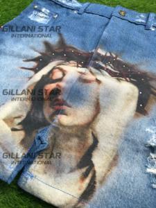 Denim <b>Shorts</b> Streetwear Summer High Waist Straight 100% Cotton Distressed Ripped DTG Print with Rhine Stones - Product Image 2